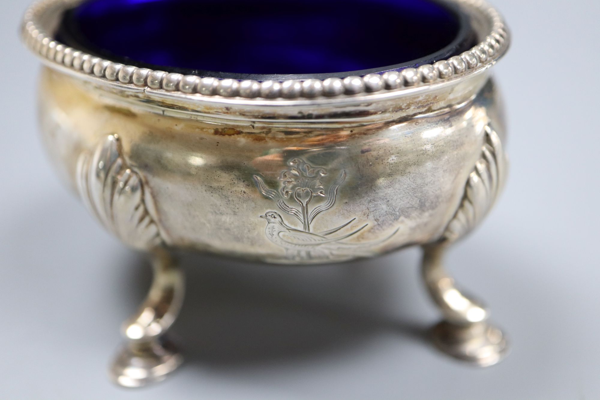 A pair of George III oval silver salts, by Hester Bateman, London 1777/8, 73mm,